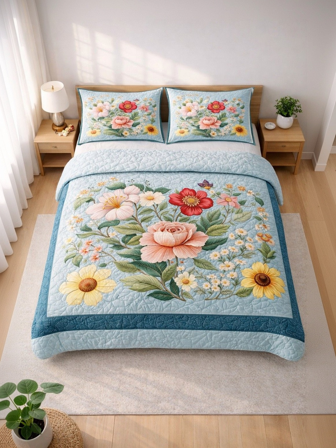 ButterThread Turquoise Blue & Red Floral 150 TC Bedsheet with 2 Pillow Covers
