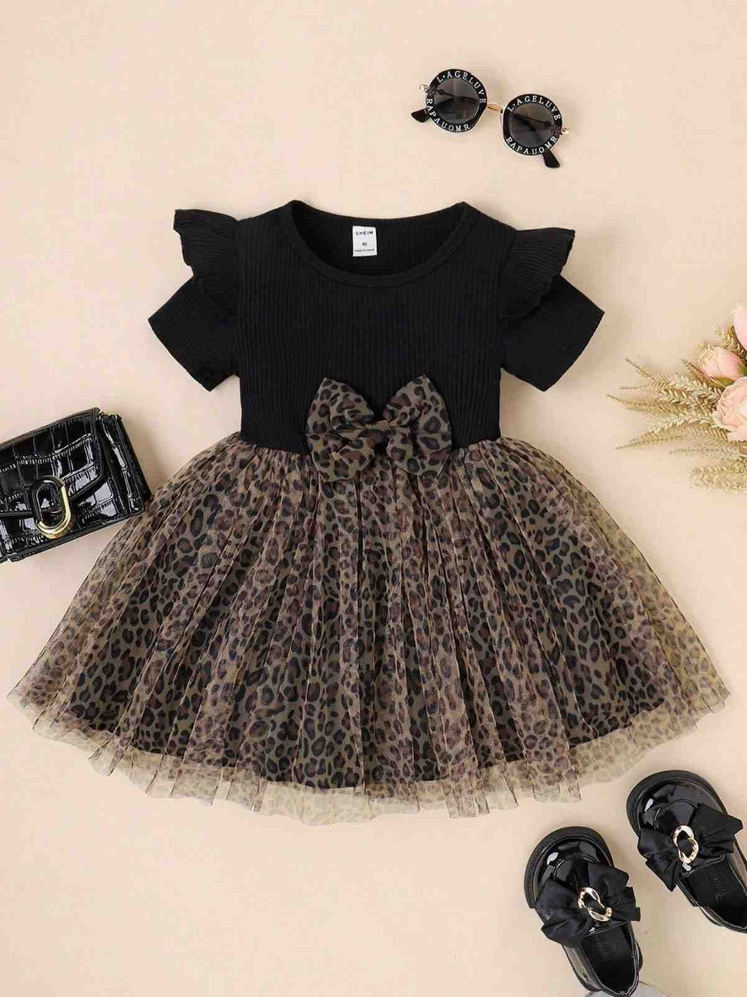 SHUBH BELLA Animal Print Flutter Sleeve Ruffled A-Line Dress