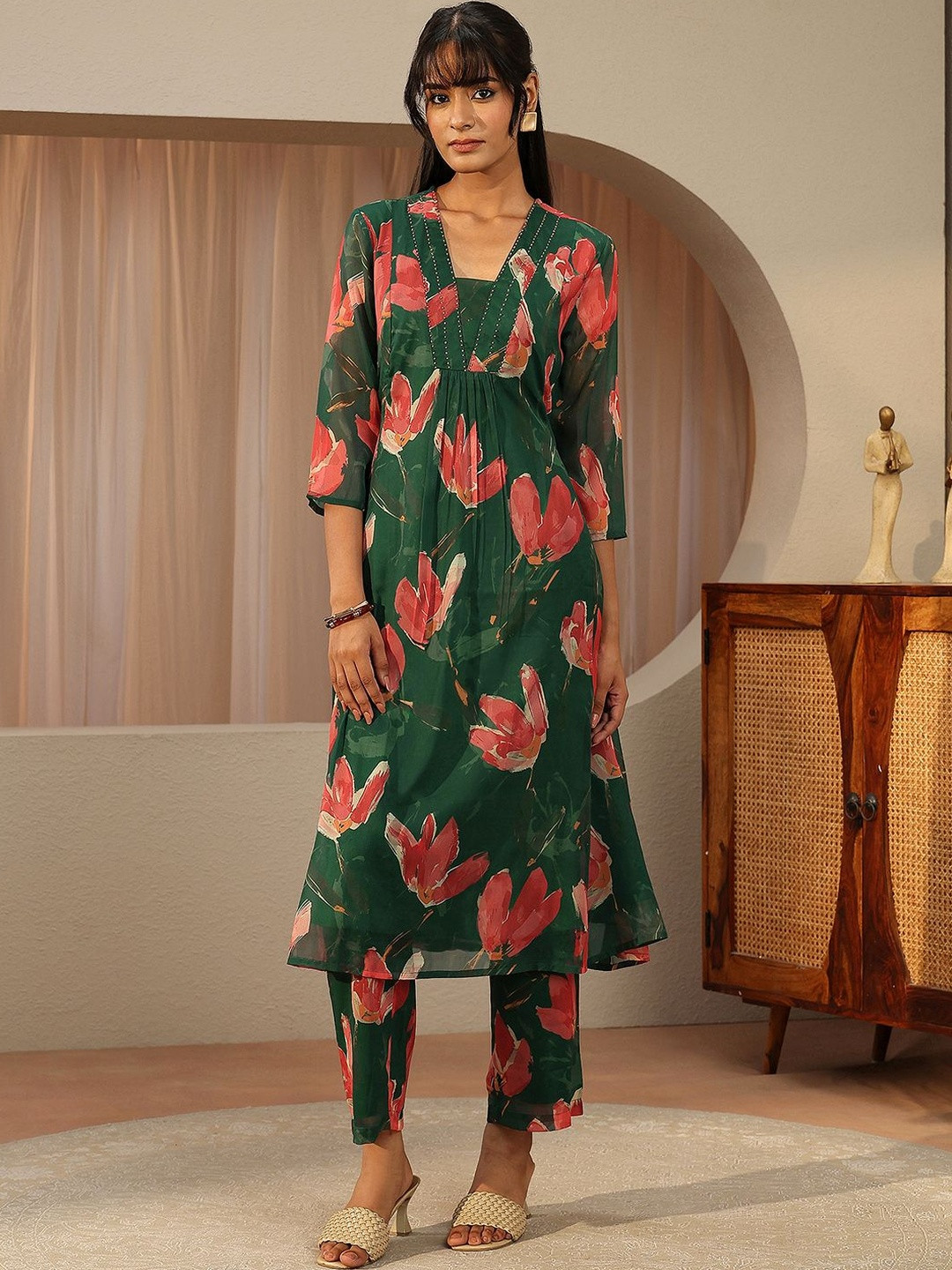 Libas Bottle Green Floral Printed Chiffon A-line Kurta Set