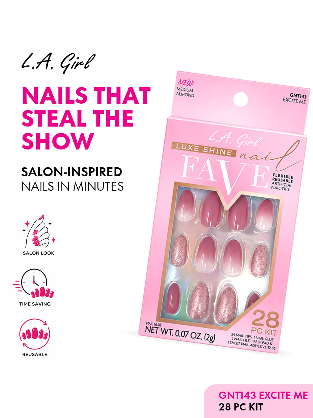 L.A.Girl Luxe Shine Nail Fave Artificial Nail Tips-Excite Me -28 Pc Kit