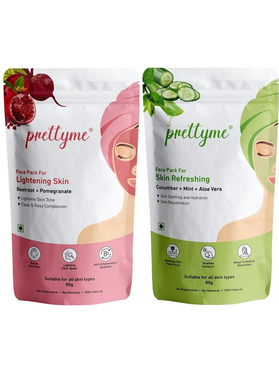 Prettyme 2-Pcs Cucumber Aloe Vera & Beetroot Powder Face Pack for Skin - 80 g Each