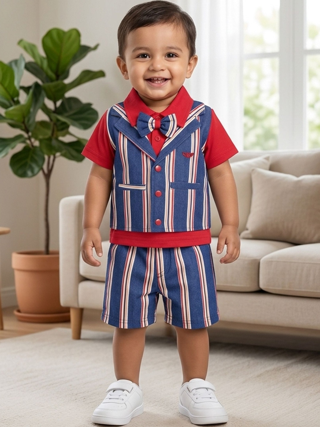 Kindle Infant Boys Checked Waistcoat & Shorts with Printed Shirt and Bow Tie