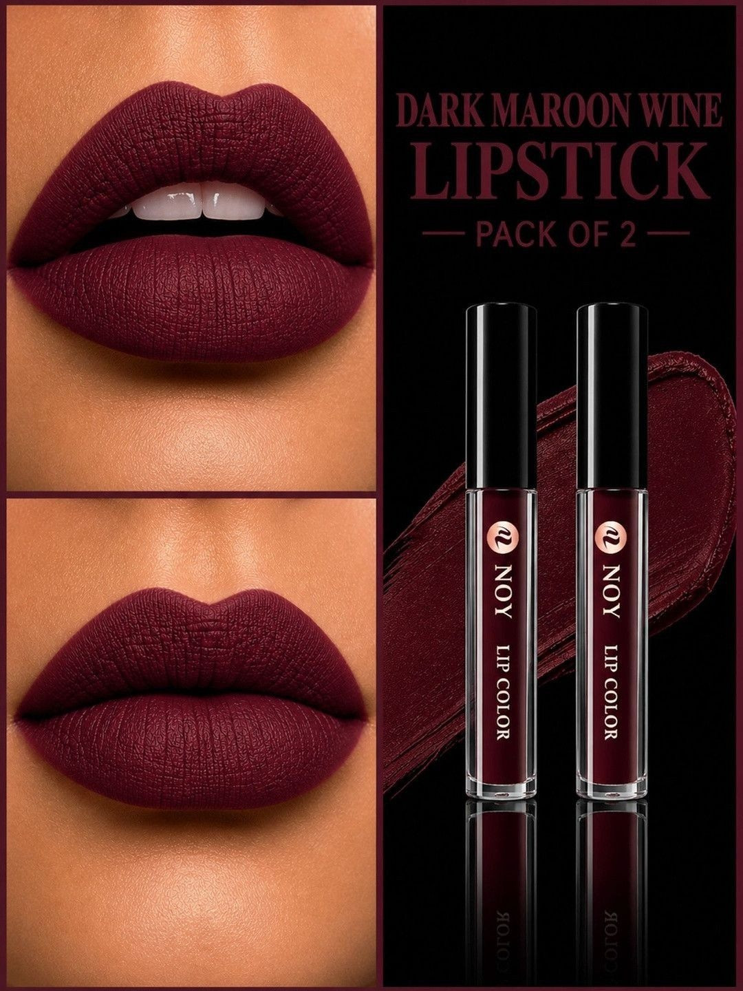 NOY Set Of 2 Long Lasting Matte Liquid Lipstick - 4 ml Each - Dark Maroon Wine