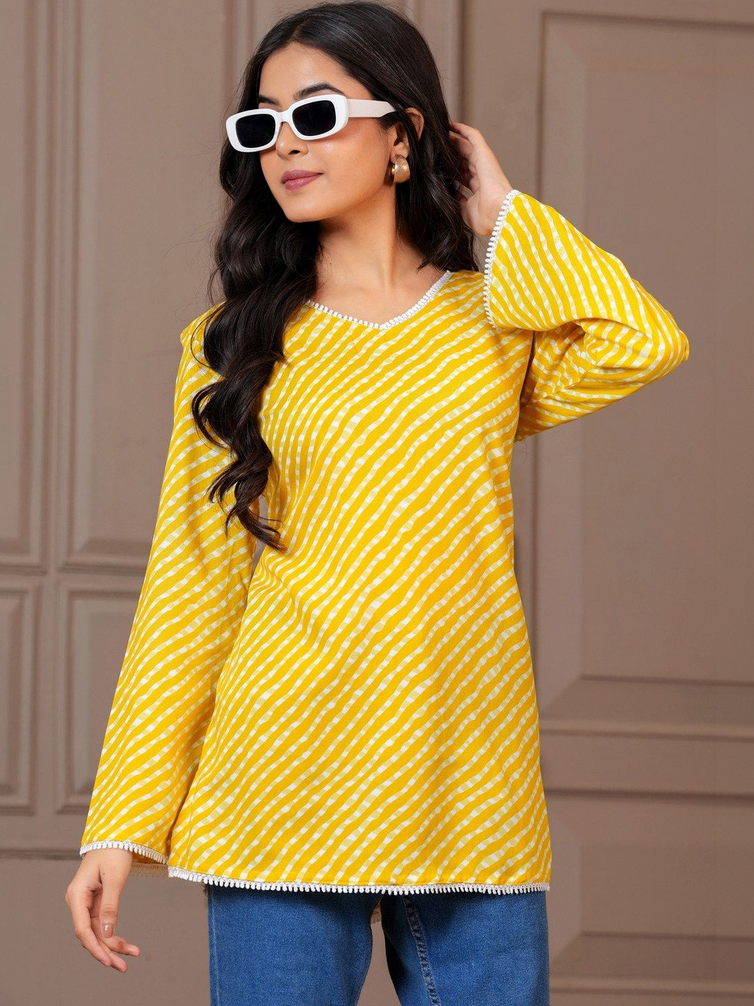 HERE&NOW Yellow Leheriya Print V-Neck Flared Sleeves Straight Fit Top