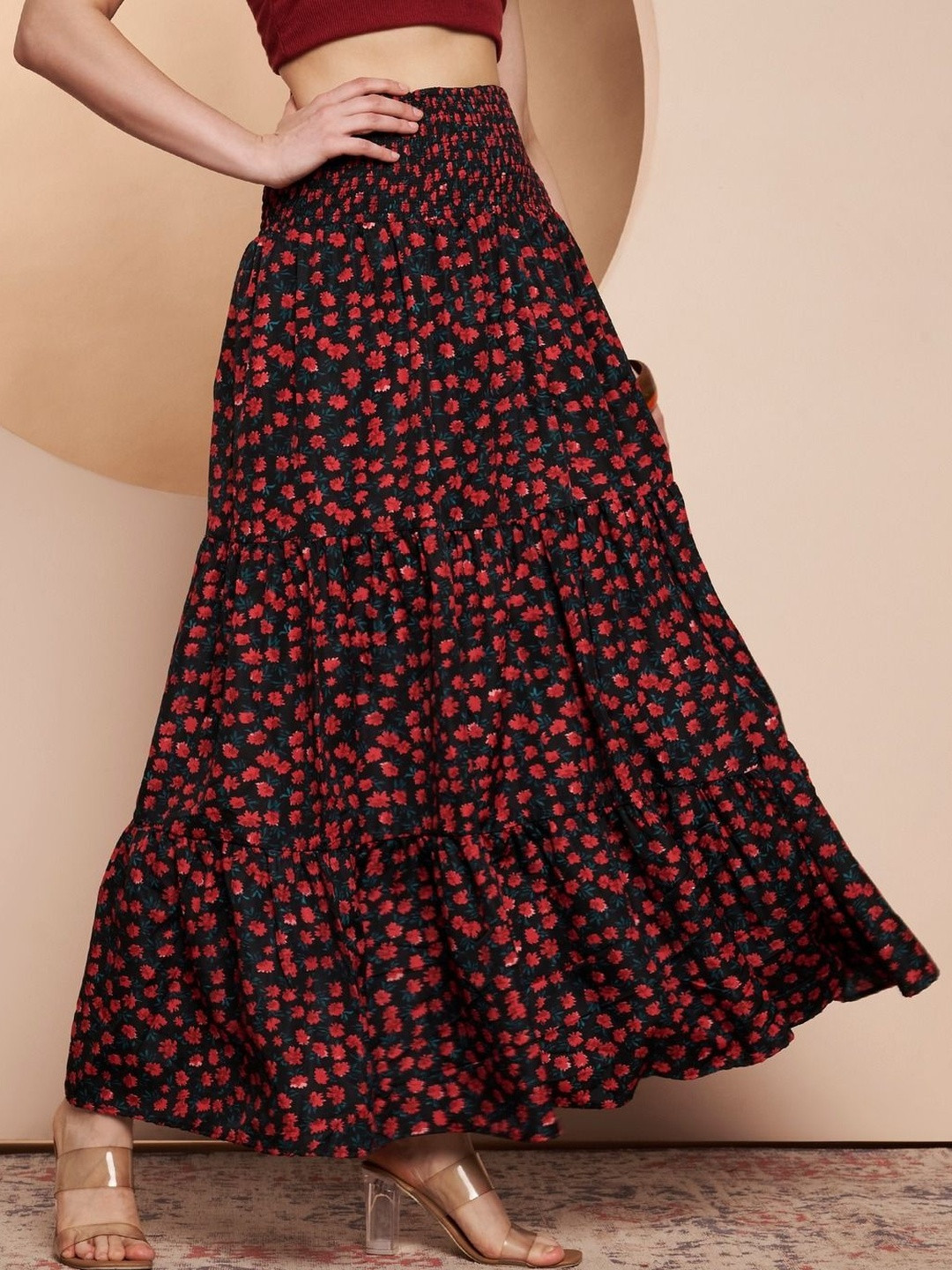 ZWERLON Women Floral Maxi Tiered Skirt