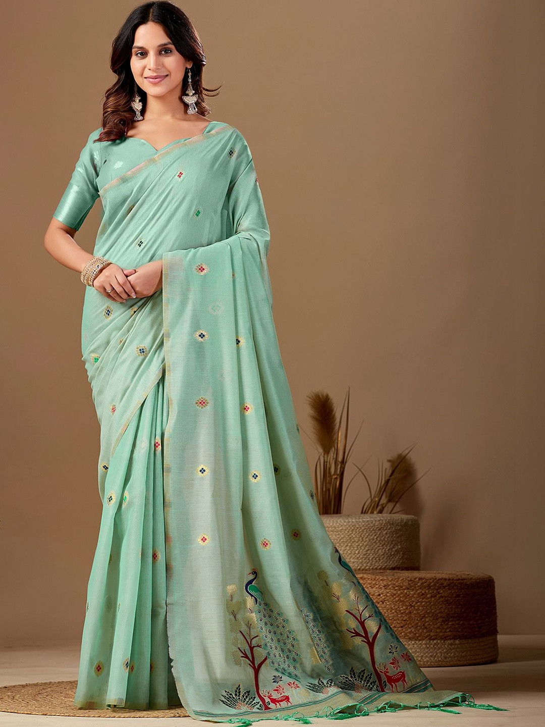 FABRINO Ethnic Motifs Zari Pure Cotton Jamdani Saree
