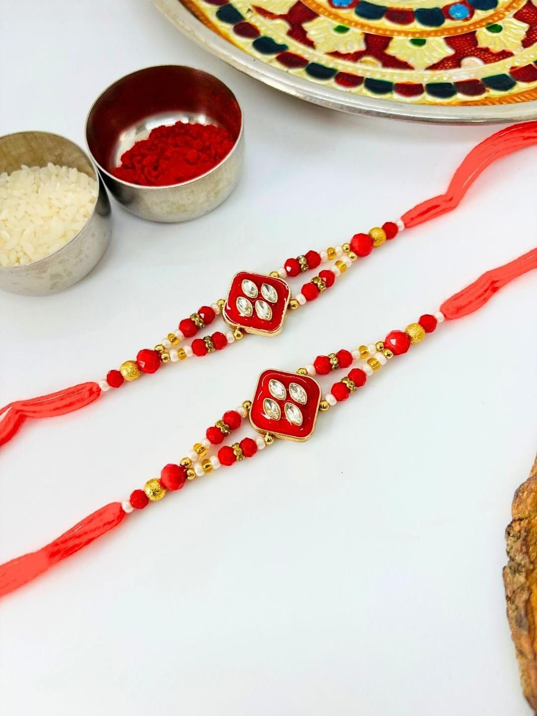 Pack of 2 Kundan Meenakari Rakhi Stone Studded & Beaded Thread Rakhi Traditional Handmade Rakhi for Brother