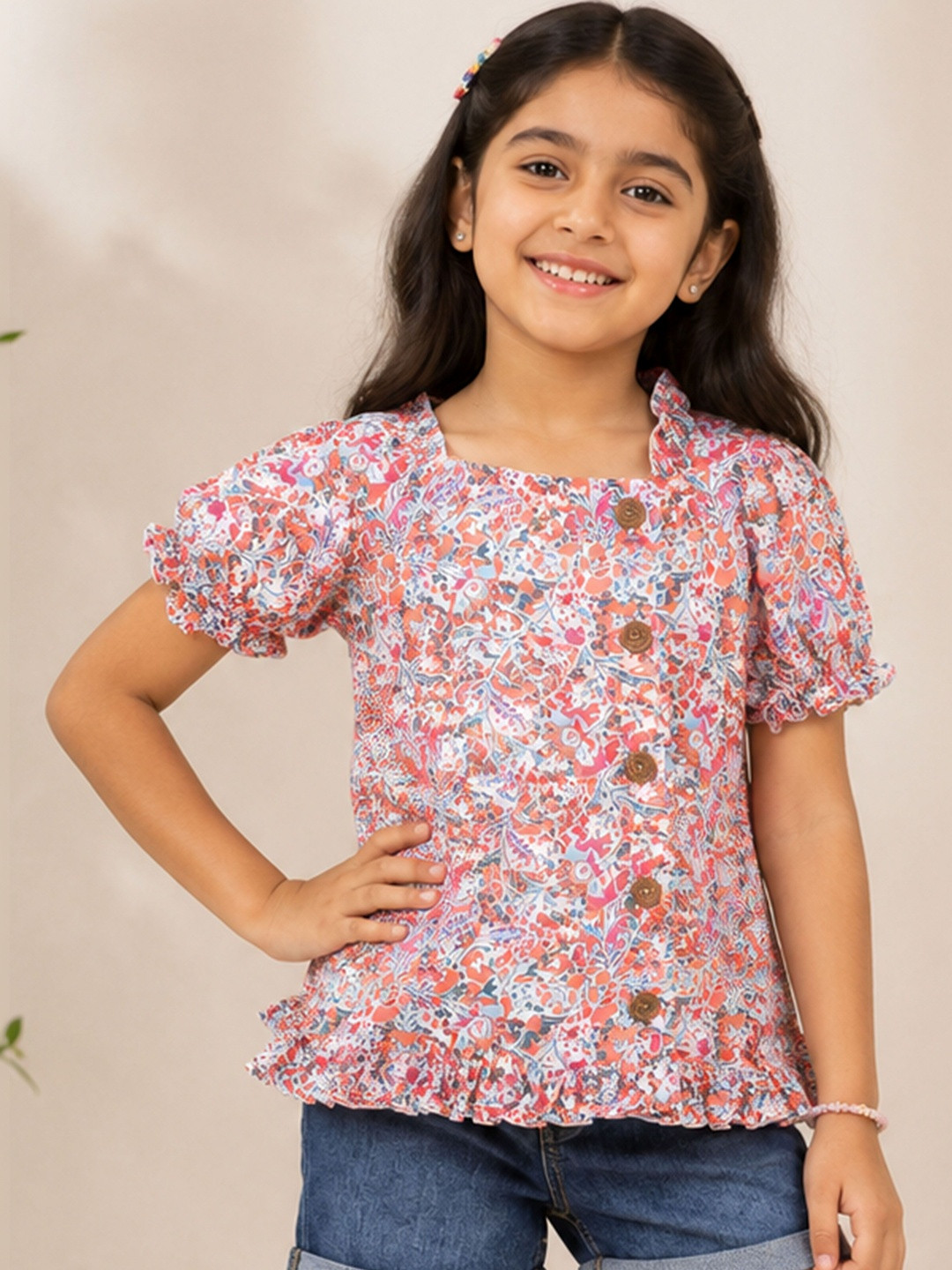 KiddoPanti Floral Print Puff Sleeve Ruffles Top