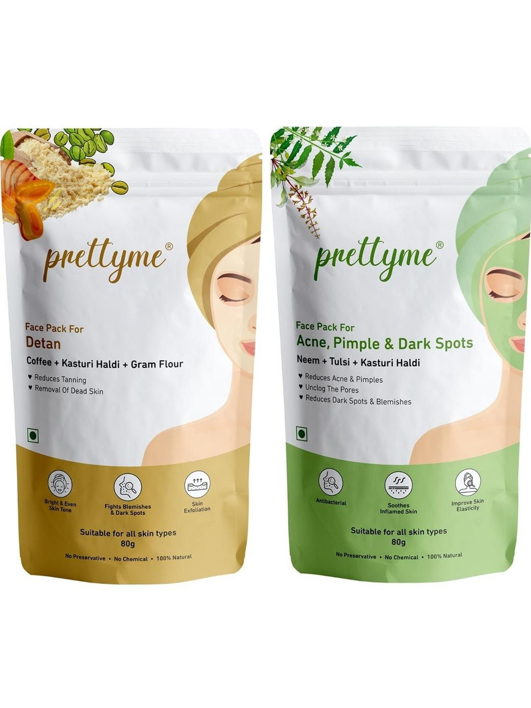 Prettyme 2-Pcs Coffee Haldi & Neem Powder Face Pack for Detan Dark Spots & Acne - 80g Each