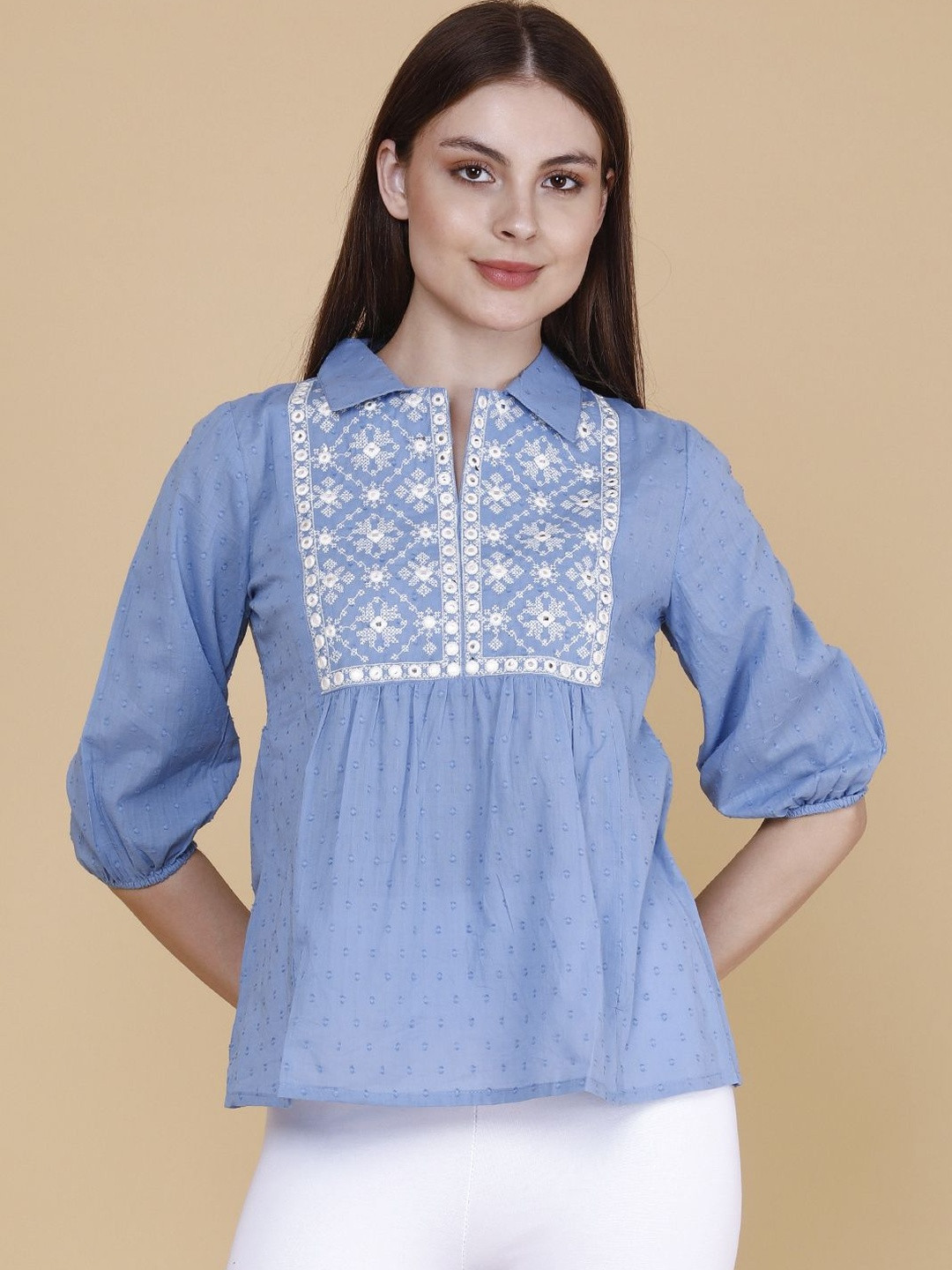 LIMEROAD Ethnic Motifs Embroidered Shirt Collar Mirror Work Mirror Work Kurti
