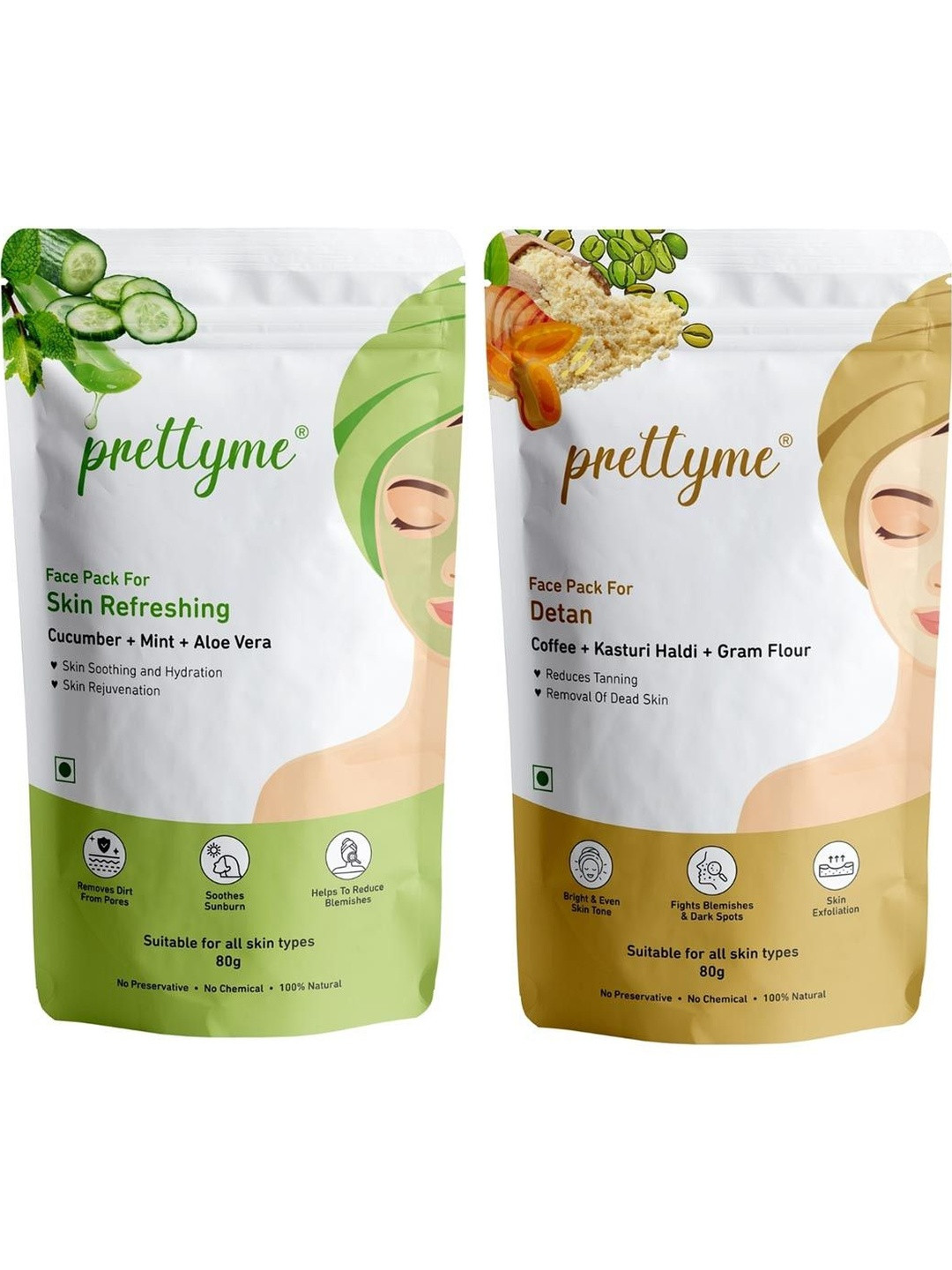 Prettyme 2-Pcs Cucumber Aloe Vera & Beetroot Powder Face Pack For Skin-80g Each