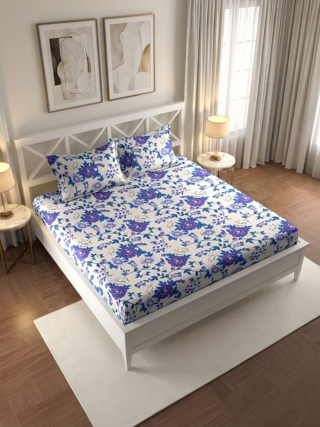 IWS Cream-Coloured Floral 144 TC Double Bedsheet with 2 Pillow Covers