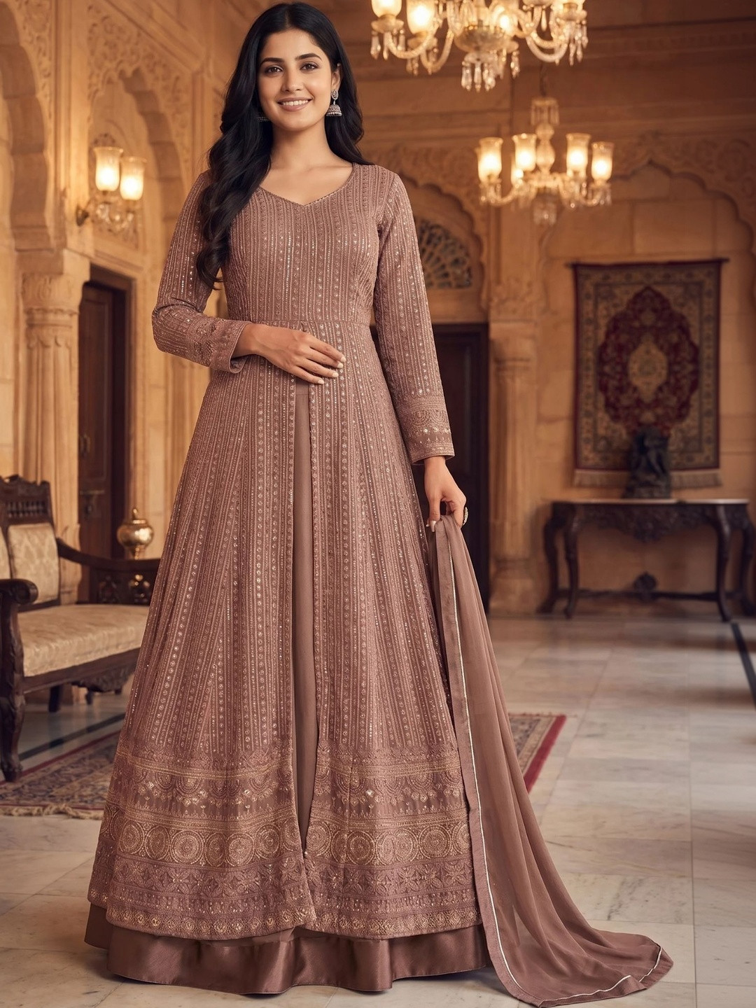 RUDRAPRAYAG Floral Embroidered Georgette Dress