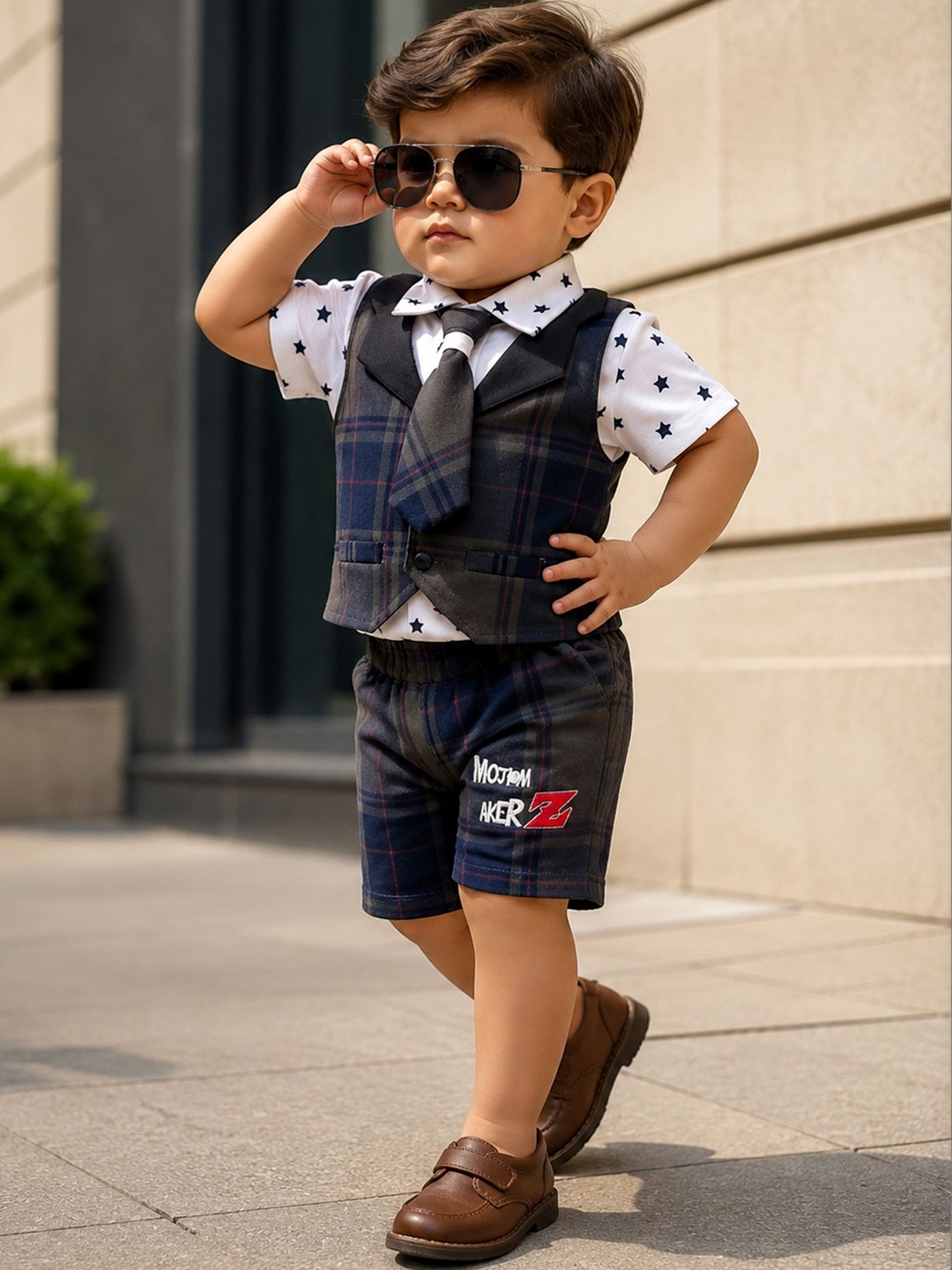 Kindle Infant Boys Checked Waistcoat & Shorts with Printed Shirt and Tie