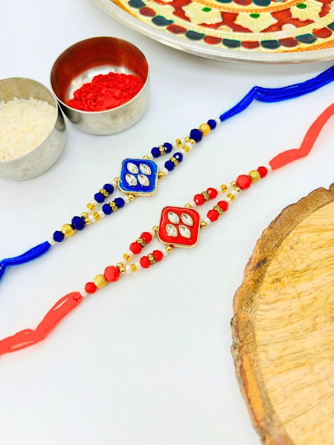 Pack of 2 Kundan Meenakari Rakhi Stone Studded & Beaded Thread Rakhi Traditional Handmade Rakhi for Brother