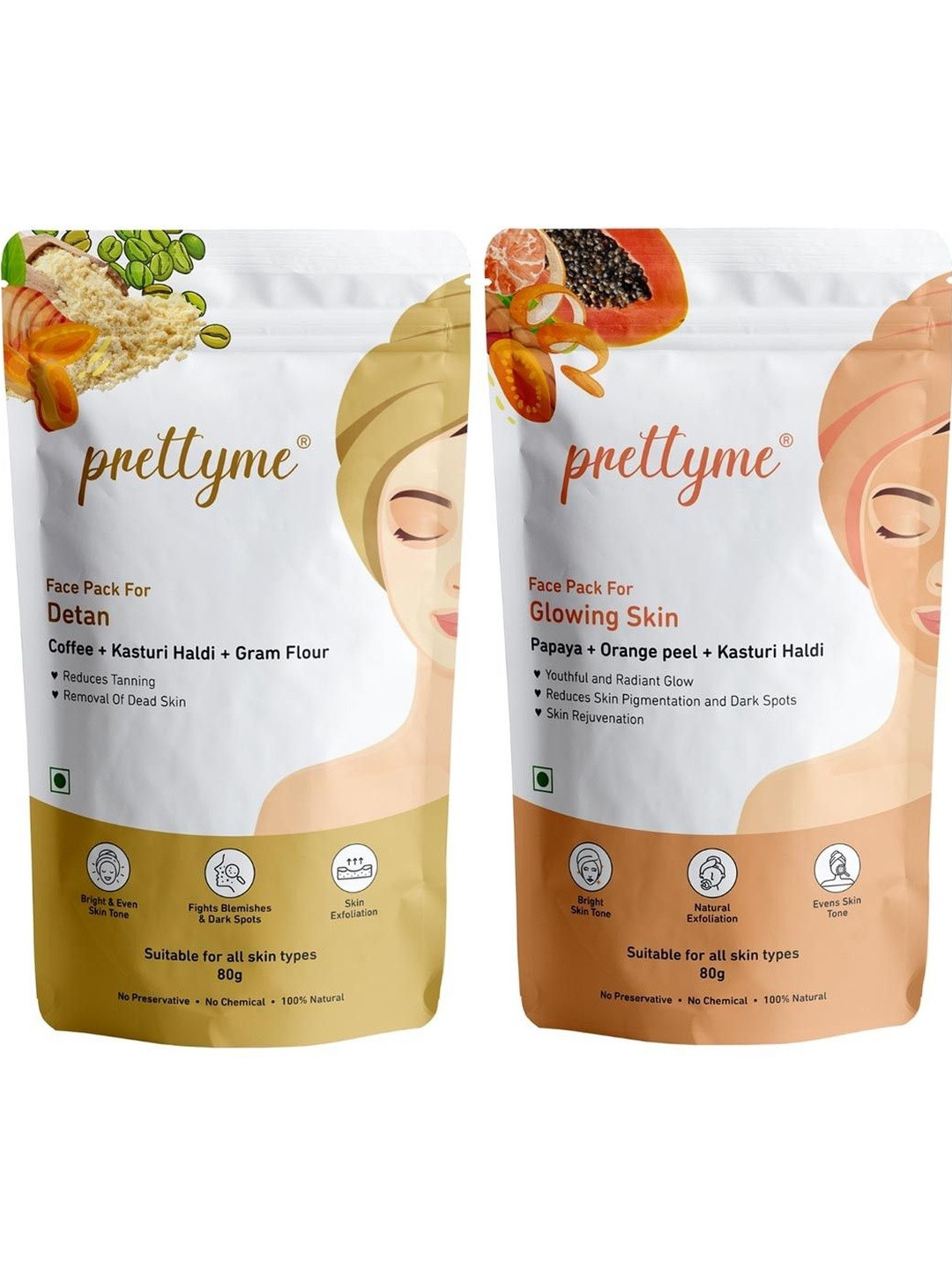 Prettyme Set Of 2 Coffee Turmeric Orange Peel & Papaya Powder Face Pack - 80 g Each