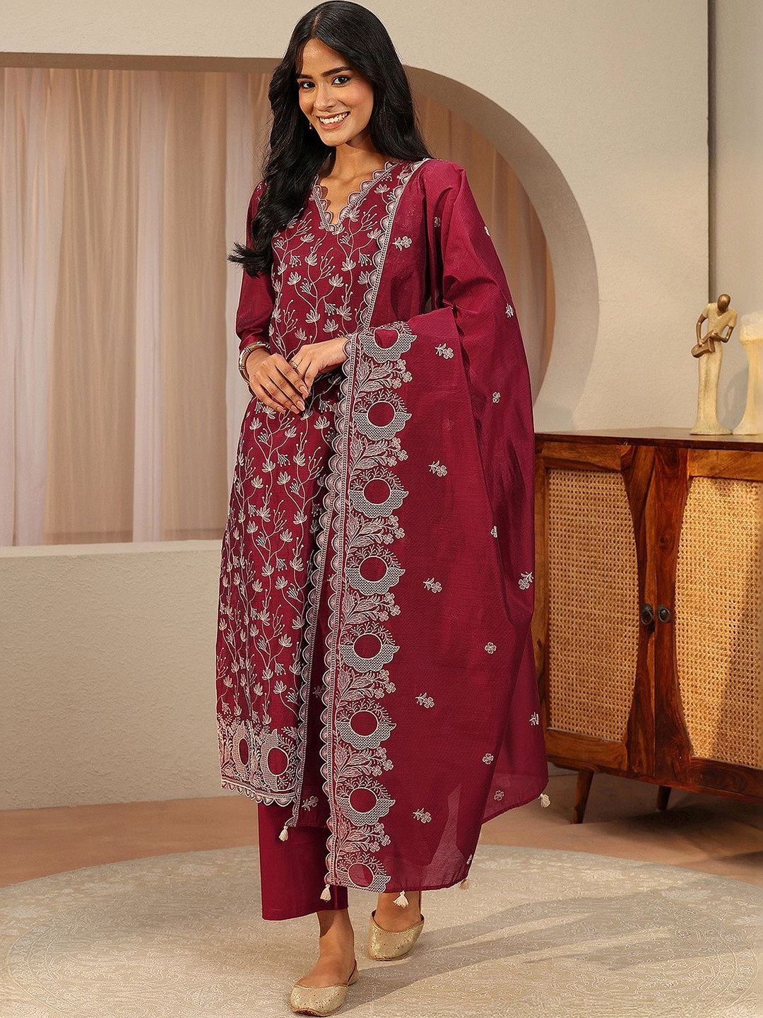 Libas Red Floral Embroidered Chanderi Silk Straight Suit Set