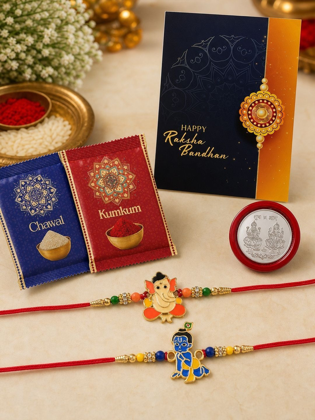 DeoDap Set of 2 Rakhis for Brother With Greeting Card & Roli-Chawal & Silver colour coin