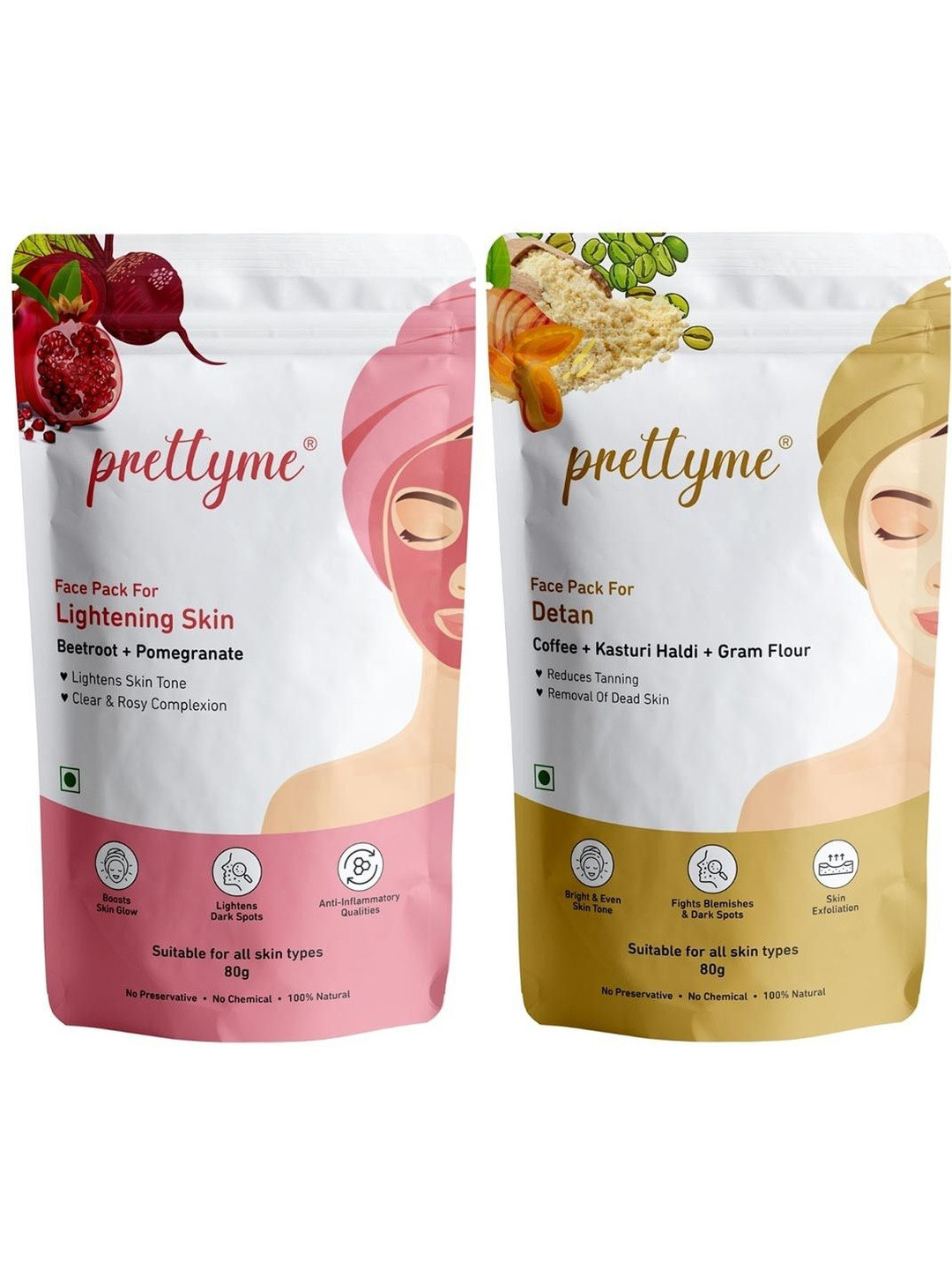 Prettyme 2-Pc Coffee Besan Haldi & Beetroot Powder Glowing Skin & Detan Face Pack 80g Each