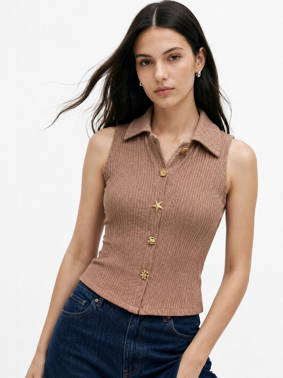 Beige Ribbed Shirt Collar Sleeveless Top