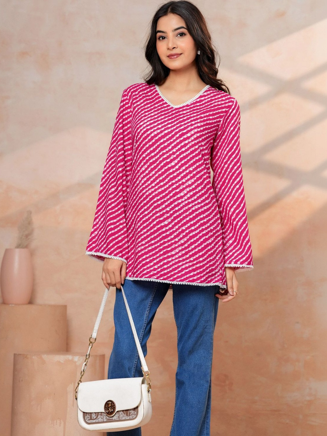 HERE&NOW Pink Leheriya Print V-Neck Flared Sleeves Straight Fit Top