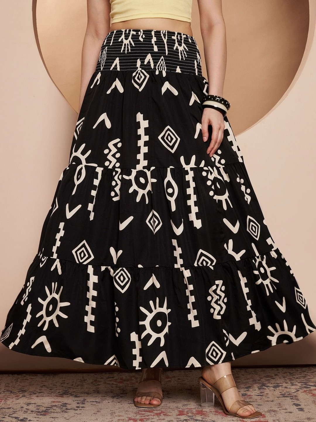 ZWERLON Women Abstract Tribal or Aztec Print Maxi Tiered Skirt