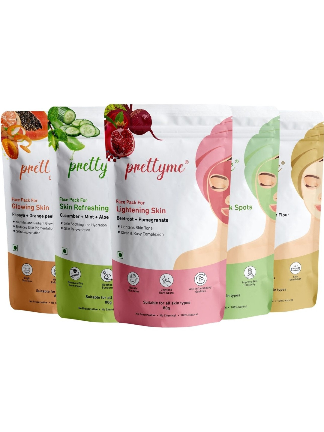Prettyme 5-Pcs Coffee Neem Haldi Papaya & Beetroot Powder Glowing Skin Face Pack -80g Each