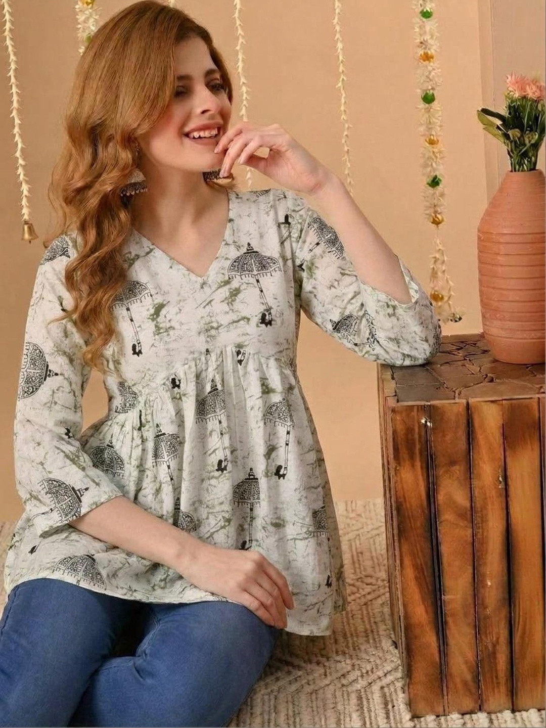 PANKHIL Ethnic Motifs Printed V-Neck Pure Cotton Blend Kurti