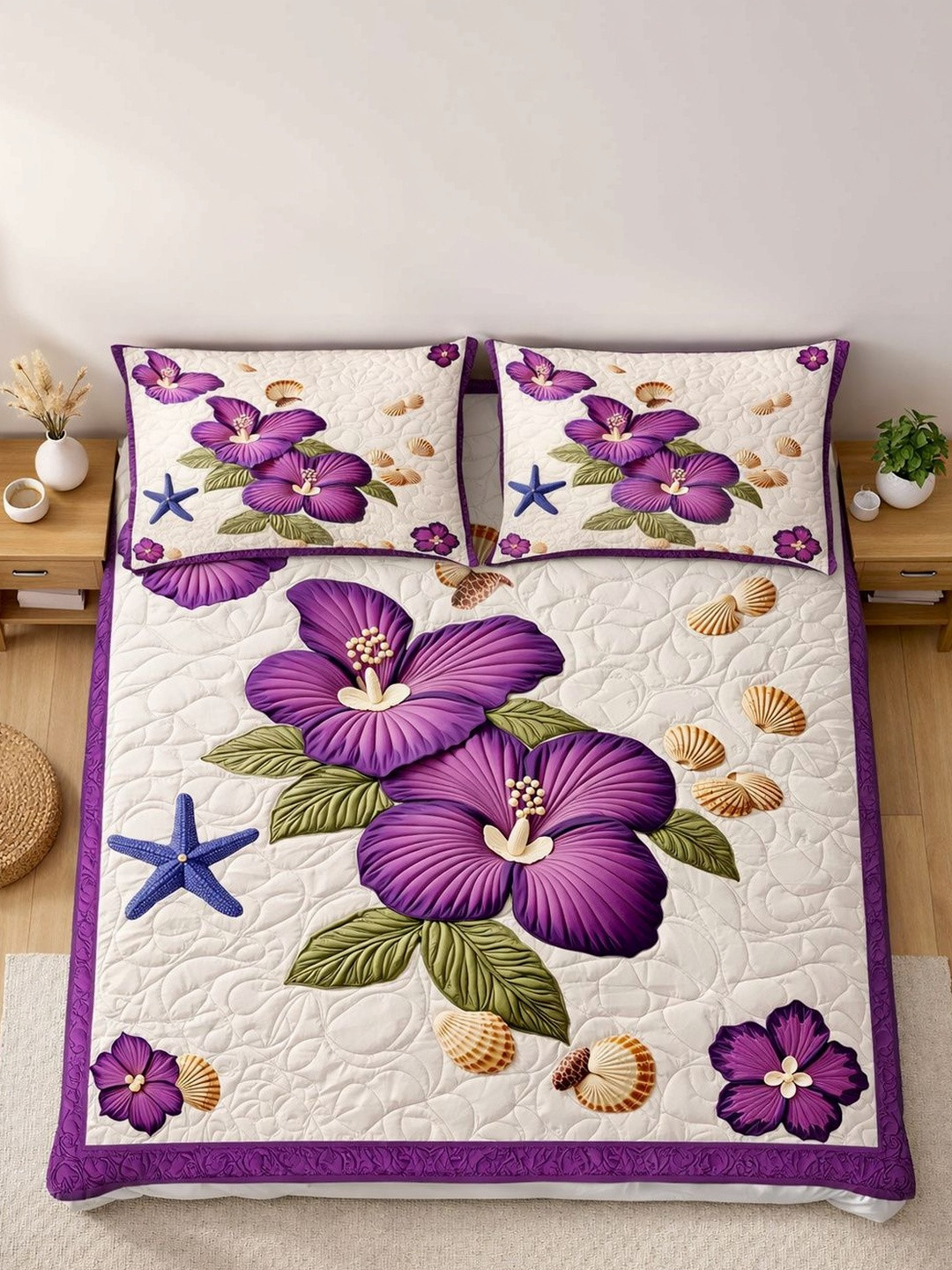 ButterThread White & Purple Floral 150 TC Bedsheet with 2 Pillow Covers
