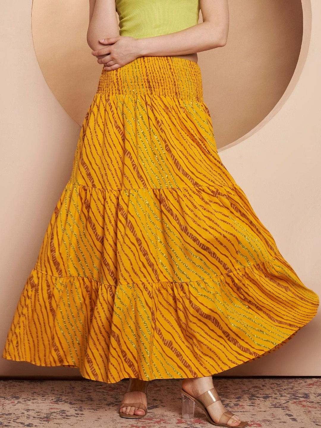ZWERLON Women Striped Tiered Maxi Flared Skirt