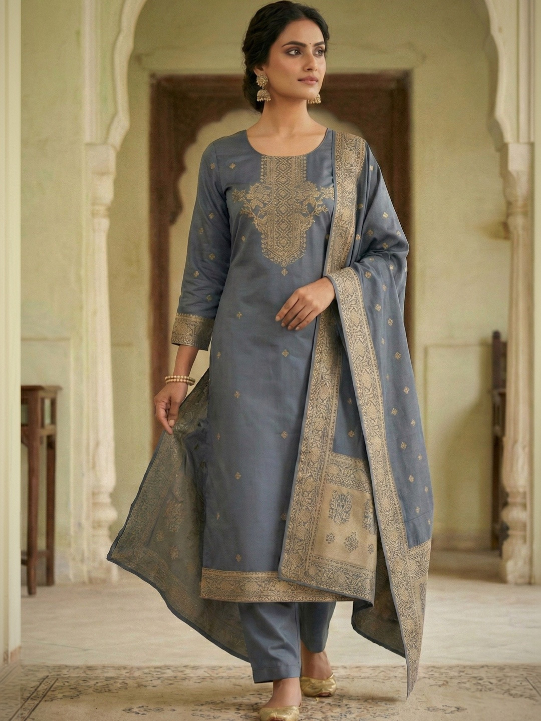 SHU-GORA Women Ethnic Motifs Embroidered Regular Kurta with Trousers & With Dupatta