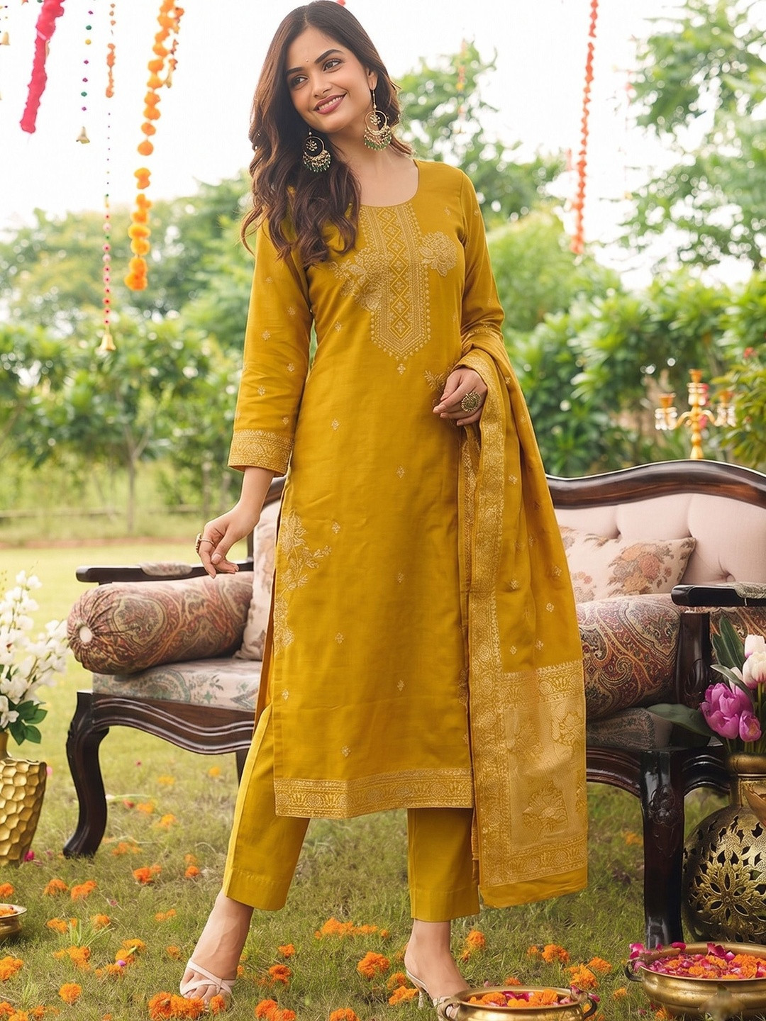 SHU-GORA Women Ethnic Motifs Embroidered Regular Kurta with Trousers & With Dupatta