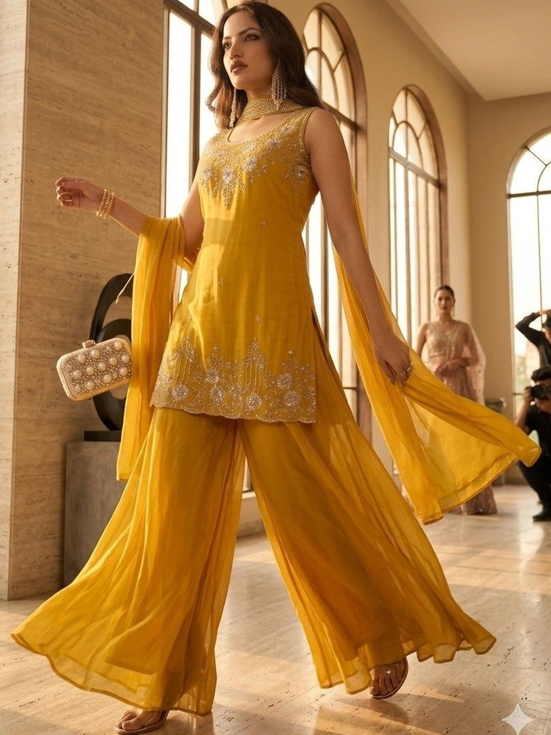 VASTRA HERITAGE Women Ethnic Motifs Embroidered Regular Sequinned Pure Silk Kurta with Sharara & With Dupatta