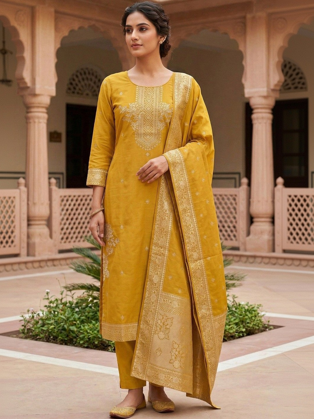 SHU-GORA Women Ethnic Motifs Embroidered Regular Kurta with Trousers & With Dupatta