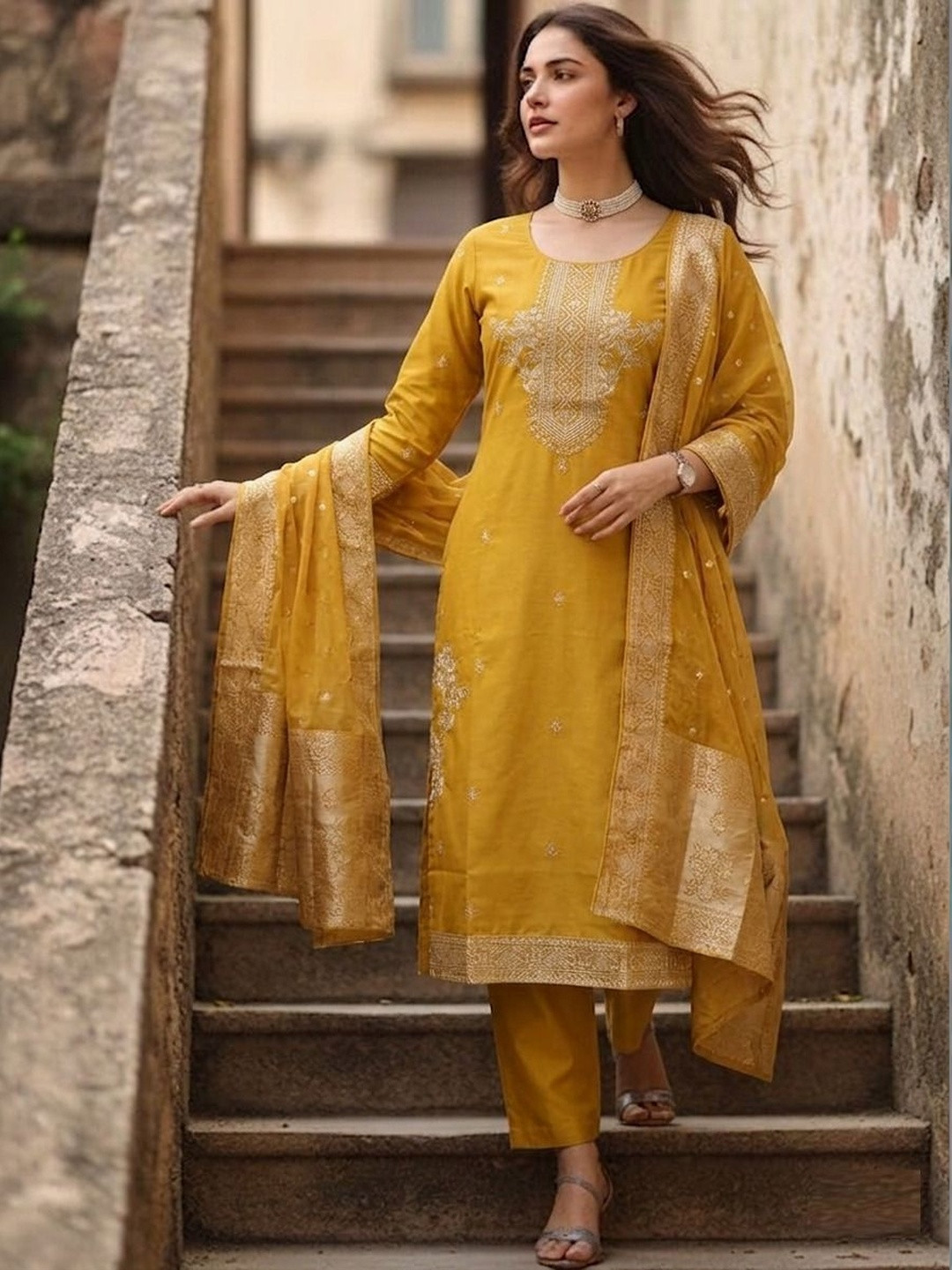 SHU-GORA Women Ethnic Motifs Embroidered Regular Thread Work Kurta with Trousers & With Dupatta