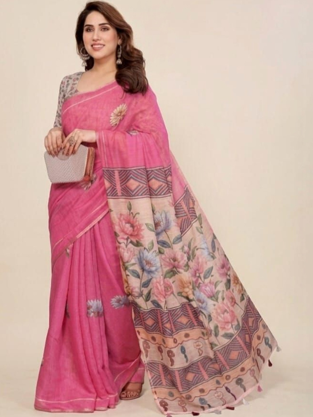 ANANTSHAKTII Floral Pure Linen Khadi Saree