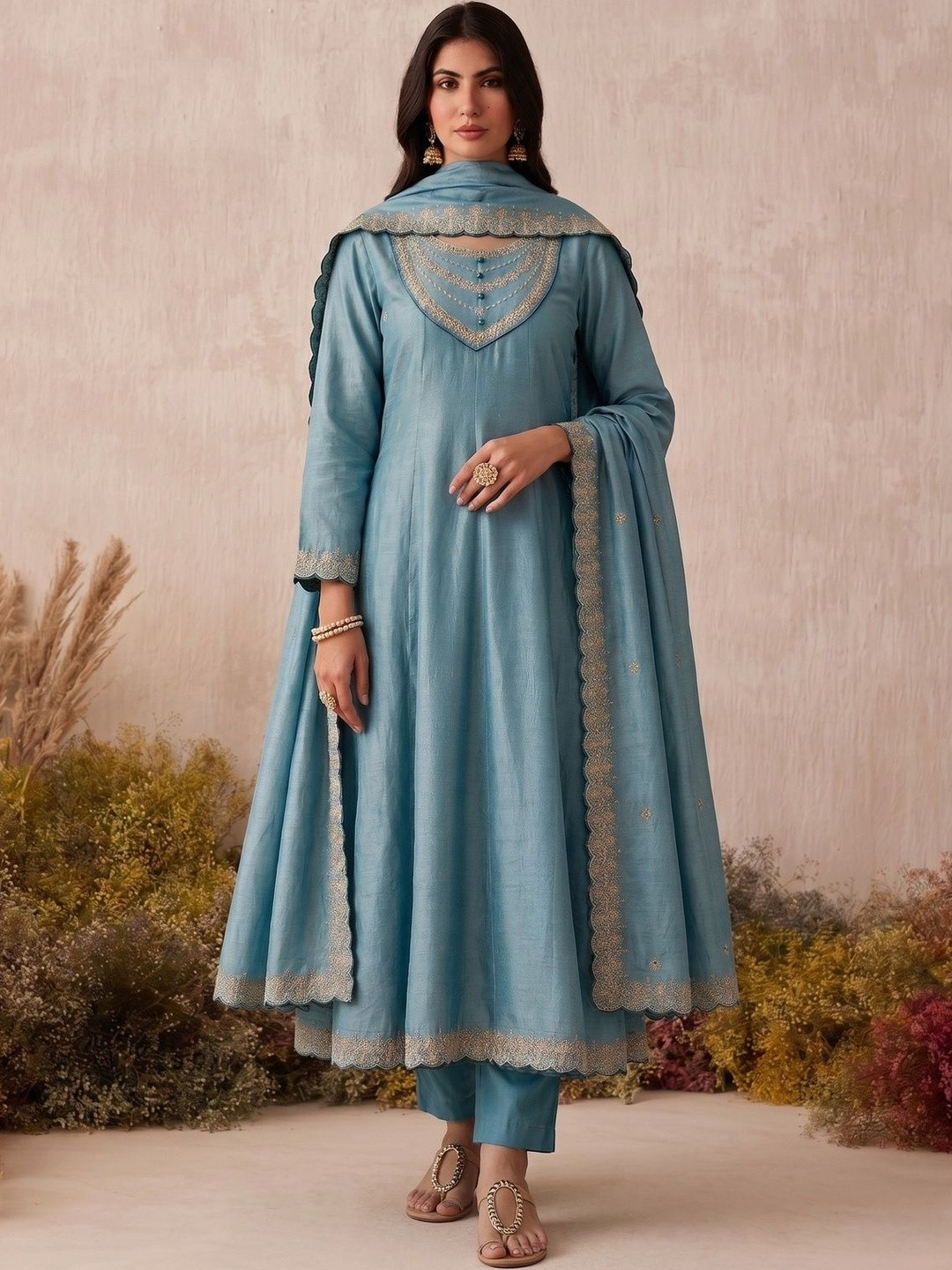 TWINS LADY Women Ethnic Motifs Embroidered Regular Thread Work Pure Silk Kurta with Trousers & With Dupatta