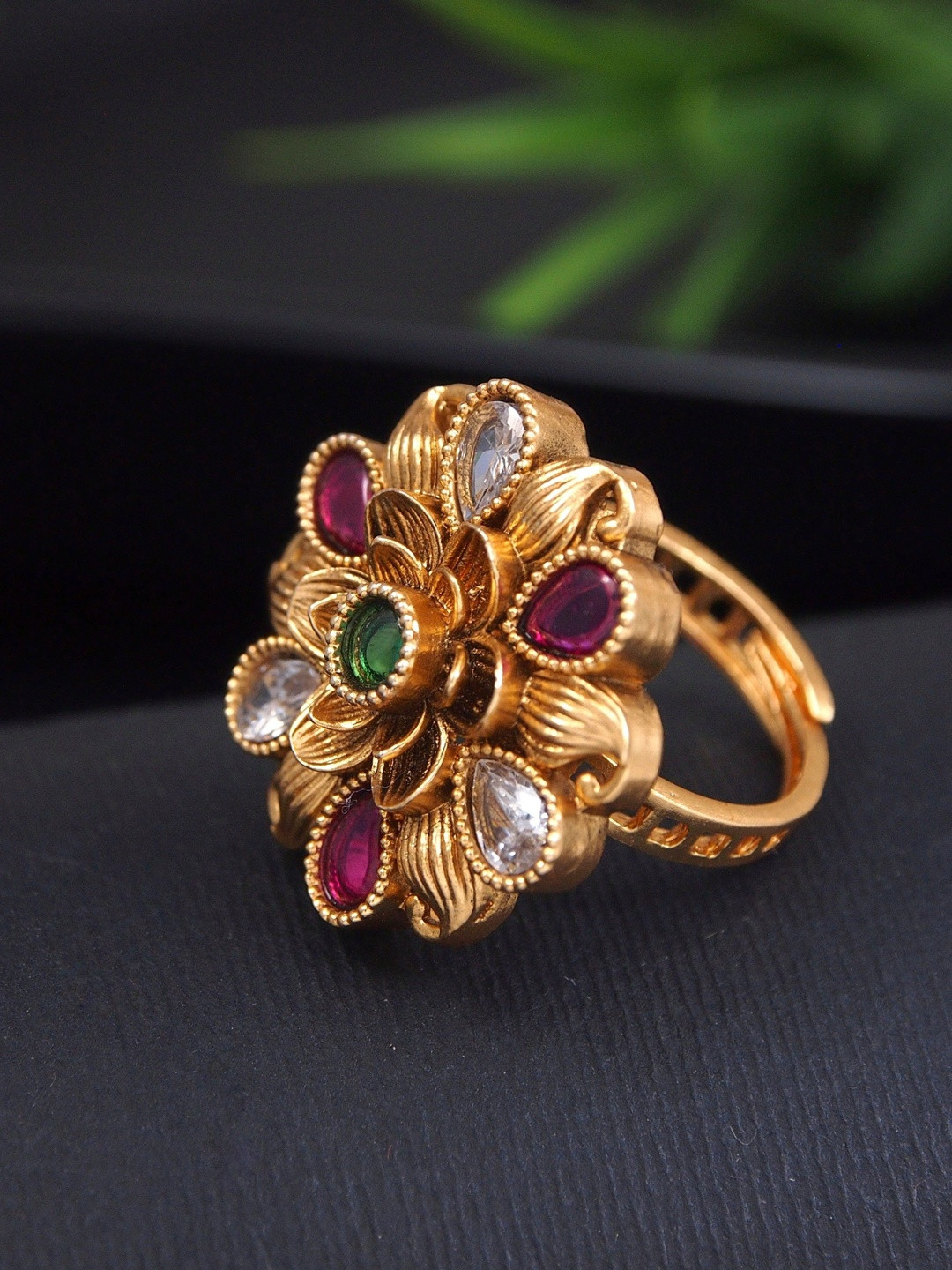 House of Pataudi Gold-Plated Artificial Stones Studded Finger Ring