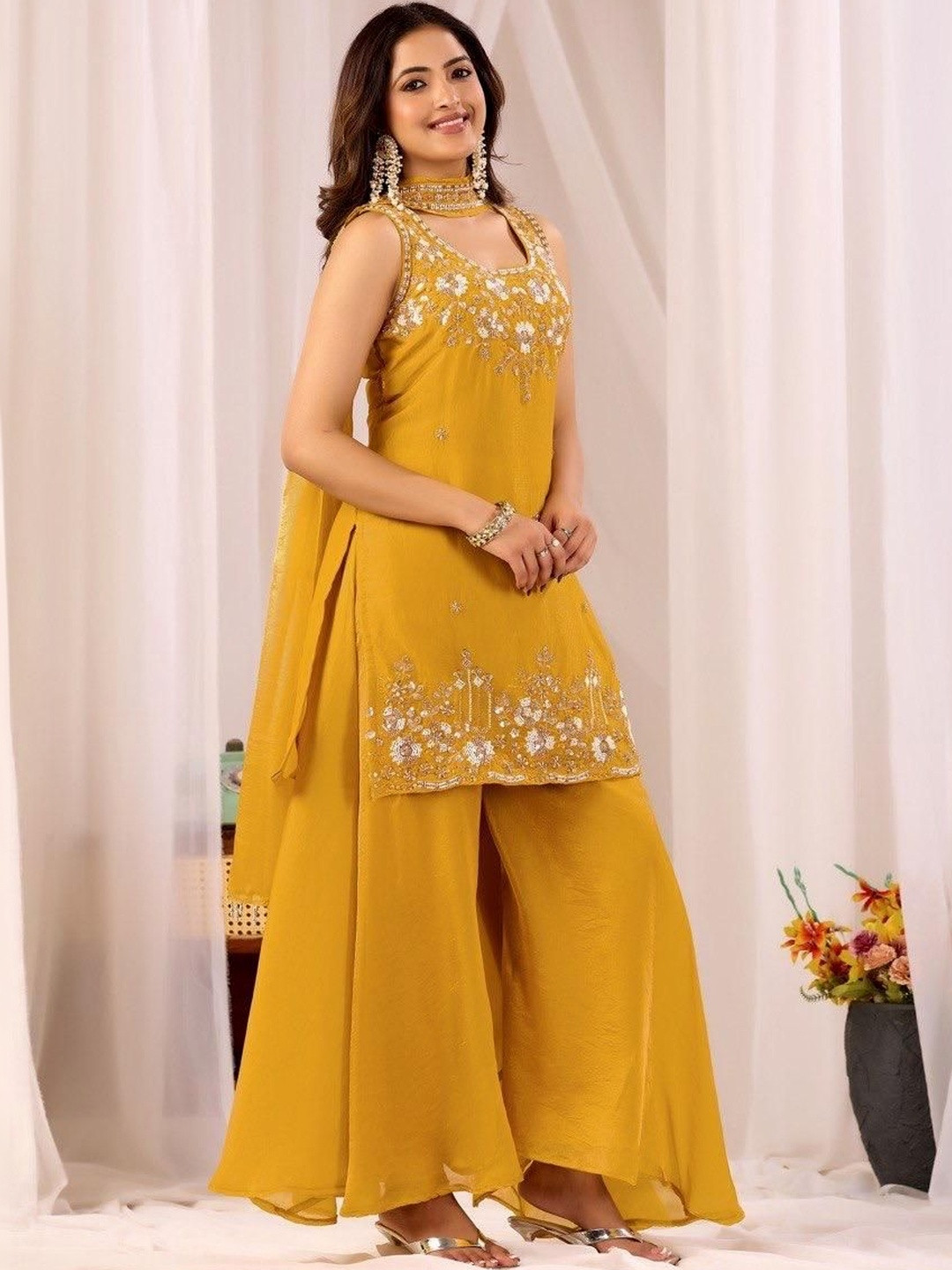 Bouncer Berry Women Ethnic Motifs Embroidered Regular Thread Work Pure Silk Kurta with Sharara & With Dupatta