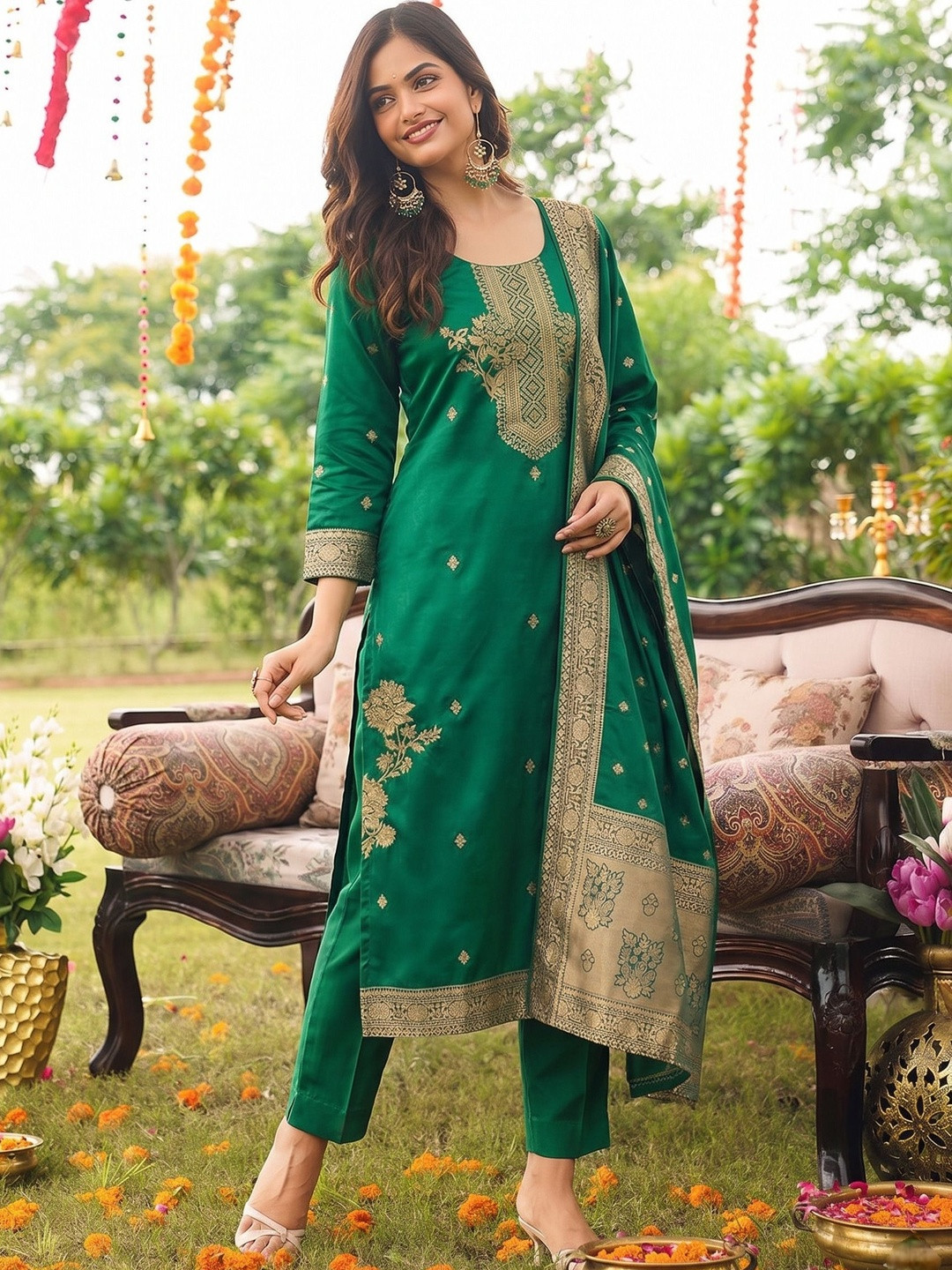 SHU-GORA Women Ethnic Motifs Regular Kurta with Trousers & With Dupatta