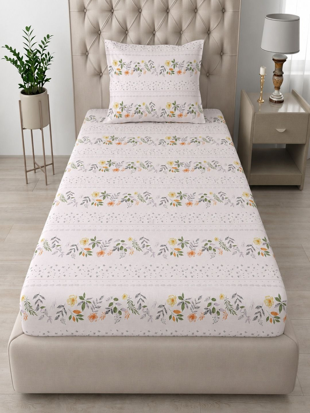 RRC Cream-Coloured Floral 144 TC Single Bedsheet with 2 Pillow Covers