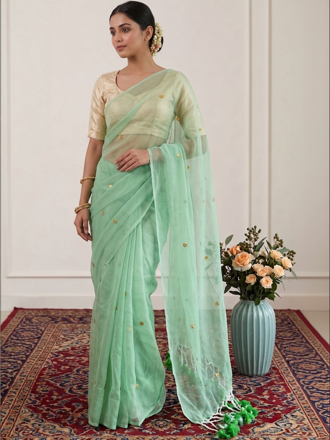 HARNARMADE Woven Design Beads and Stones Pure Cotton Khadi Saree
