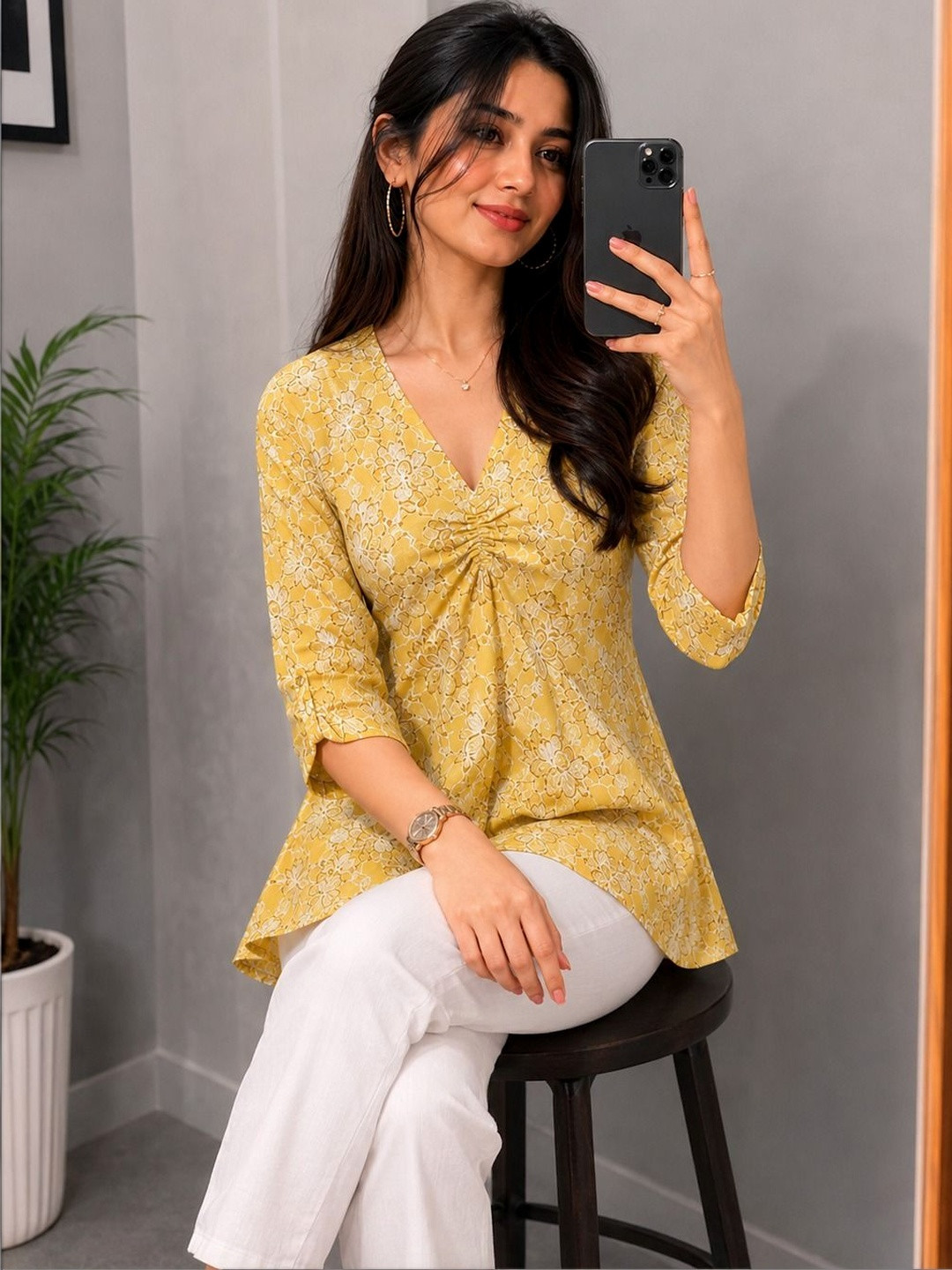 Roopmytra Floral Print Roll-Up Sleeves Top