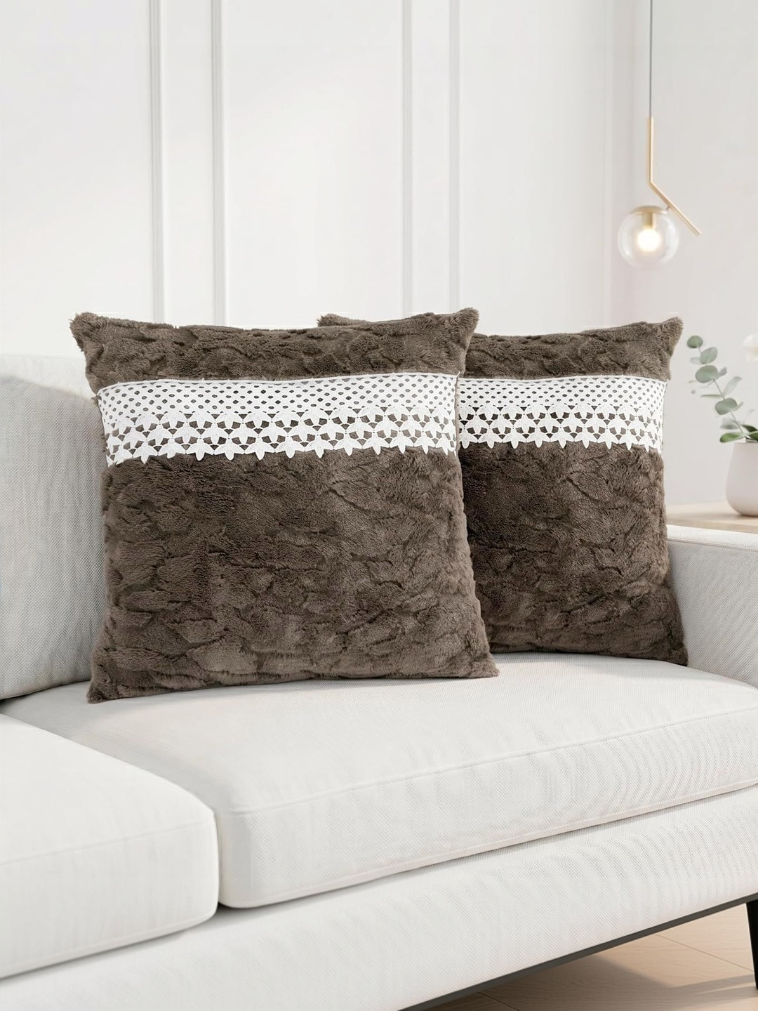 RD TREND Brown Set of 2 Square Fur Cushion Covers with Decorative Lace