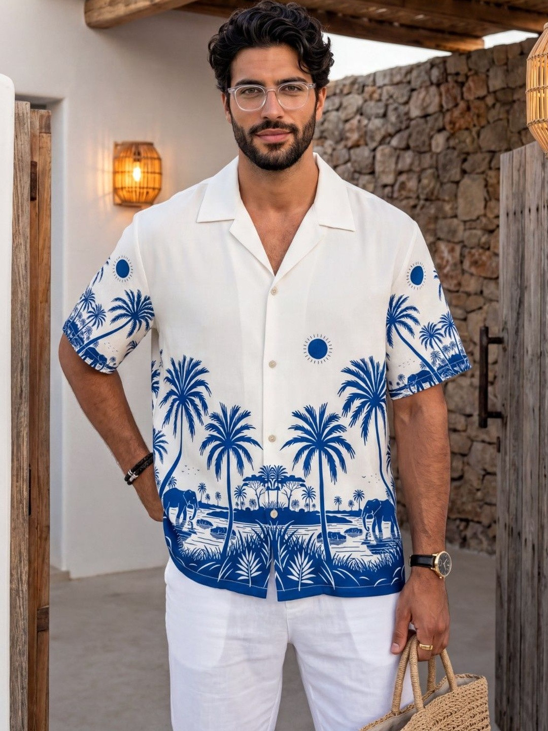 Stenfia Relaxed Fit Floral Printed Short Sleeves Linen Shirt