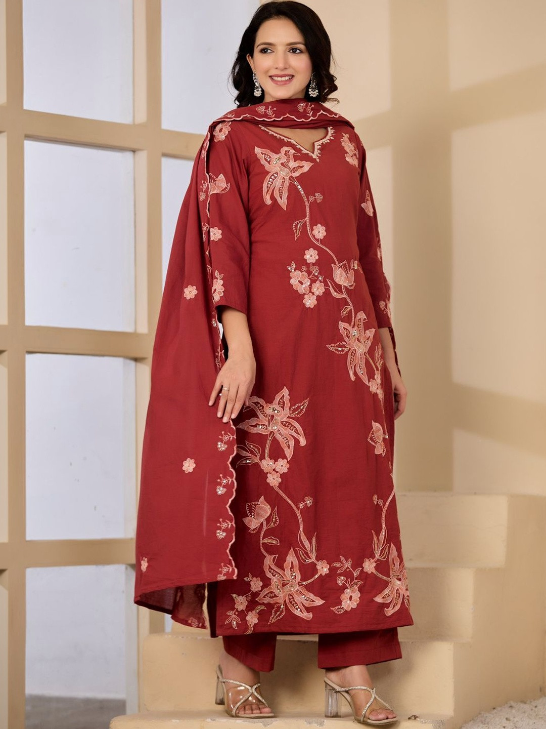 VASUPRADA Women Floral Embroidered Regular Sequinned Pure Cotton Kurta with Trousers & With Dupatta