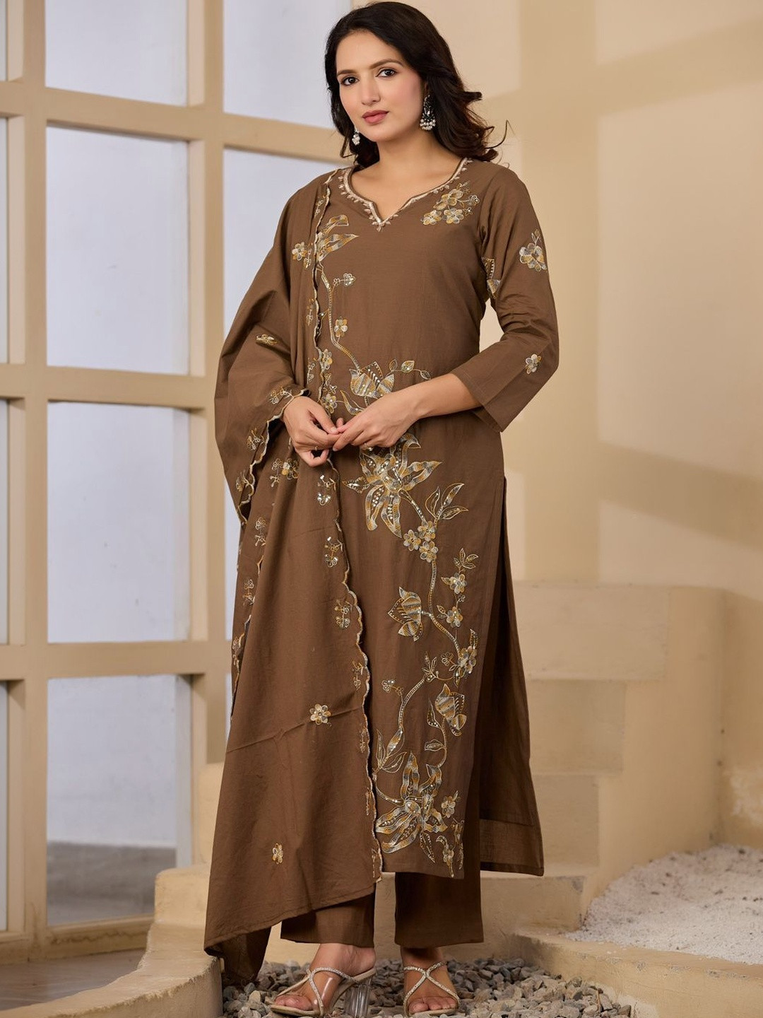 VASUPRADA Floral Embroidered V-Neck Thread Work Pure Cotton Kurta With Palazzos & Dupatta