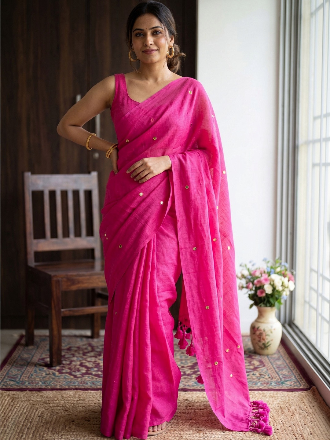 HARNARMADE Woven Design Beads and Stones Pure Cotton Khadi Saree