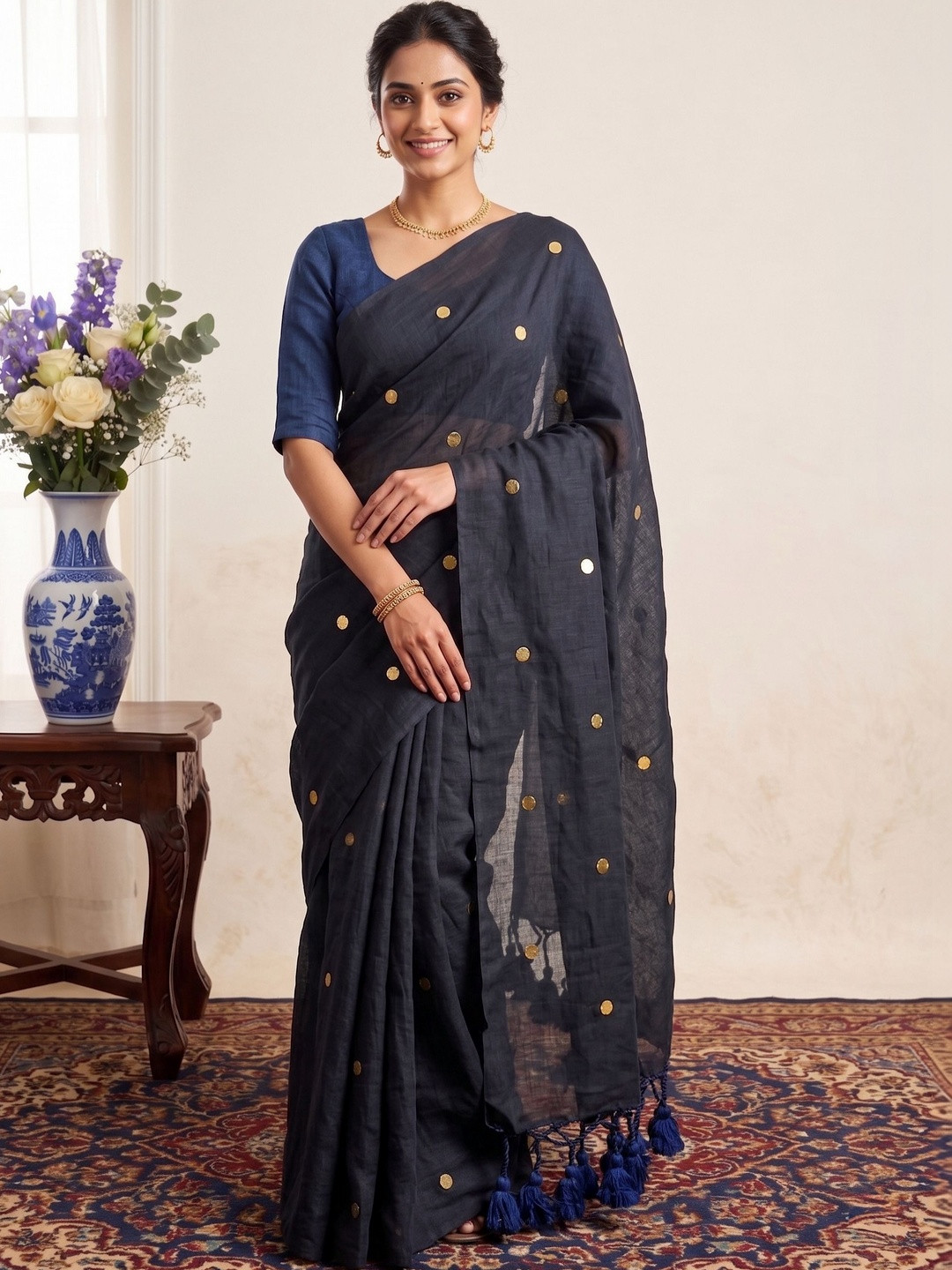 HARNARMADE Woven Design Beads and Stones Pure Cotton Khadi Saree