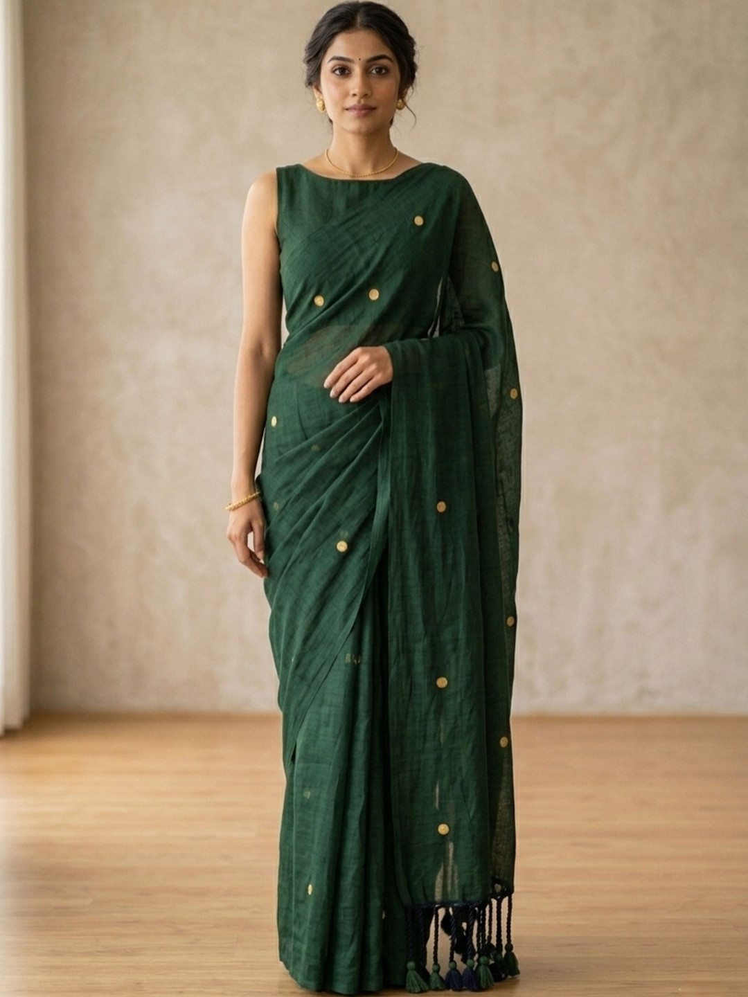 HARNARMADE Woven Design Beads and Stones Pure Cotton Khadi Saree